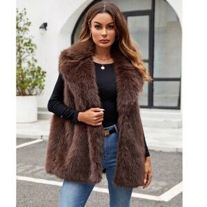 Vegan Fur Warm Fuzzy Lapel Collar Coffee Brown Vest